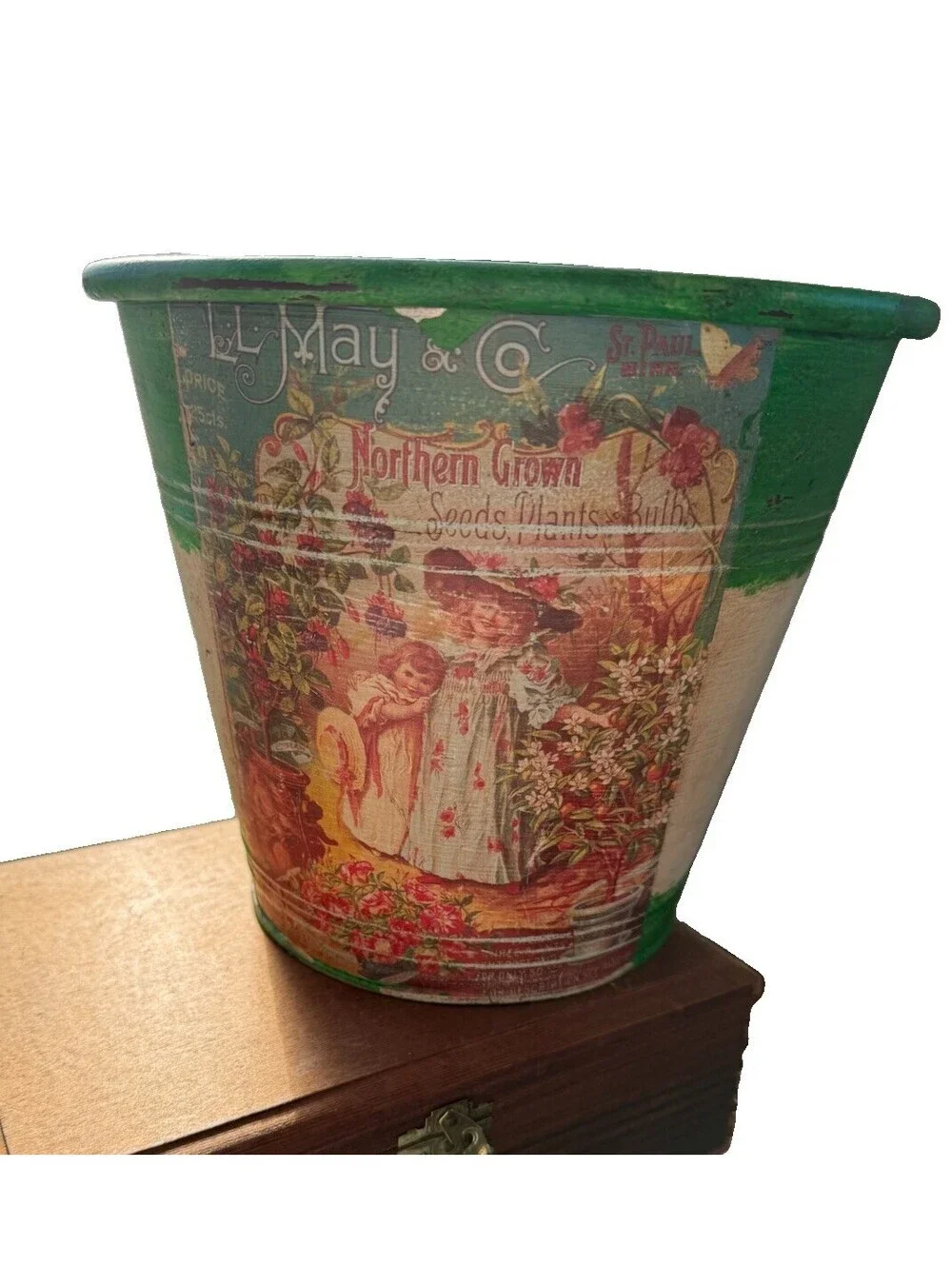 Vintage inspired french country metal bucket/pot green and cream cottagecore